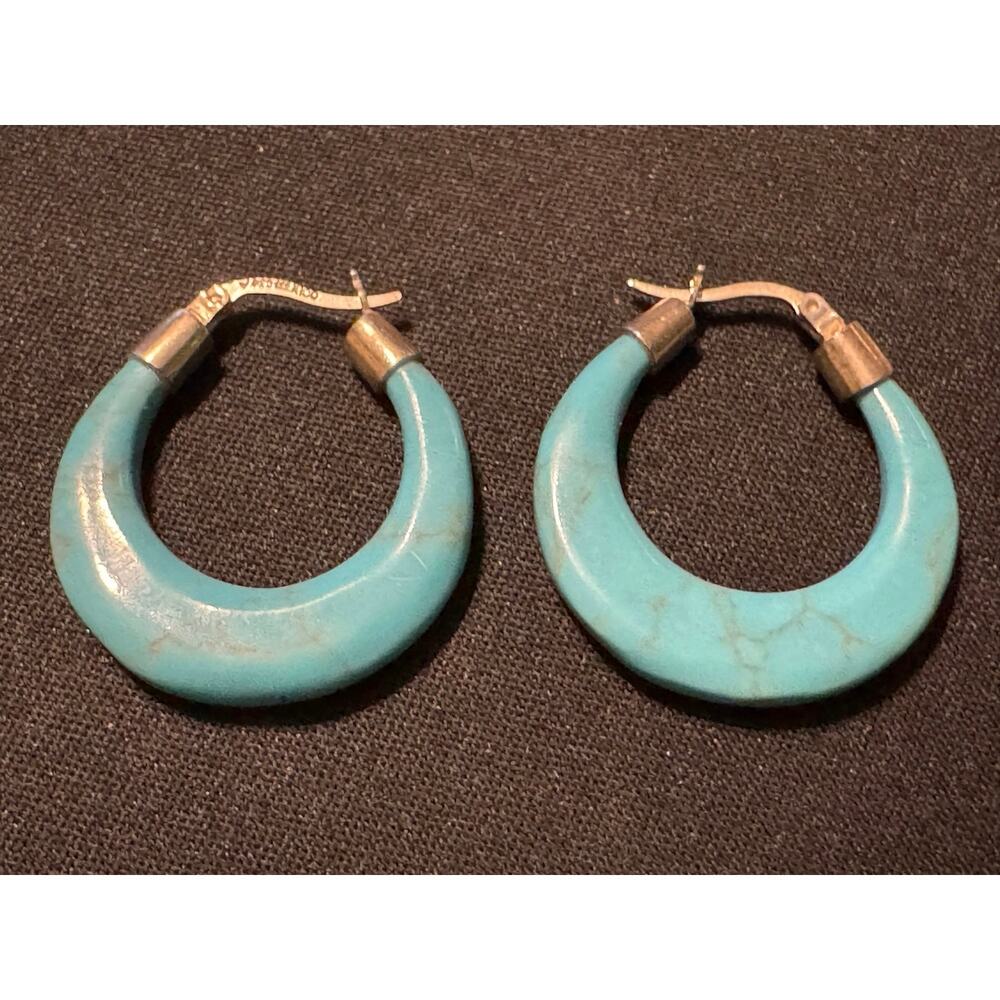 925 Silver Mexico Turquoise Hoop Earrings Hinge Closure